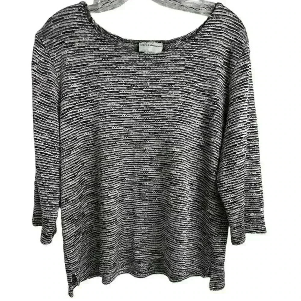 Alfred Dunner Women's Large Black and White Knit Blouse 3/4 Sleeve Casual